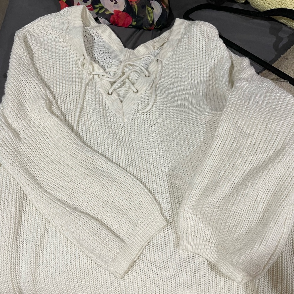Altar’d State Pull Over Cream Knit Sweater Tie Detail Front Size Large Oversize